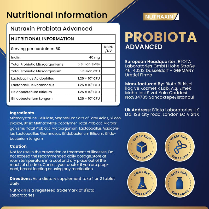 Nutraxin Probiota Advanced - 2x1.25 Billion CFU Probiotics - 60 Tablets with 4 Strains (Lactobacillus and Bifidobacterium) & Inulin - Allergens-Free Supplement for Adults 60 count (Pack of 1)