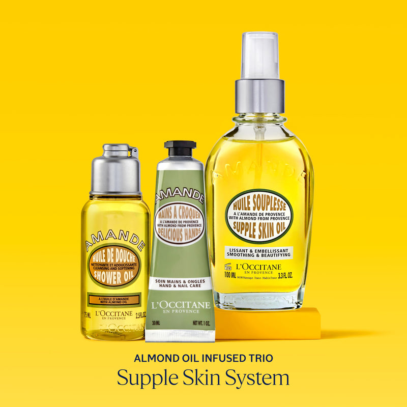 L'OCCITANE Supple Skin System: Hydrate & Soften, Almond Oil Infused Trio Featuring Almond Supple Skin Oil, Almond Shower Oil, and Almond Delicious Hand & Nail Care Lotion, Bath and Body Gift Set New