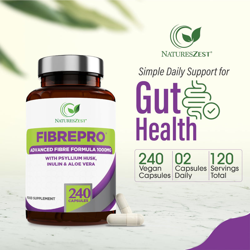 FibrePro 1000mg - Fibre Supplement -240 Psyllium Husk Capsules | High Strength Fiber Supplement Enriched with Prebiotic Inulin, Aloe Vera & Flaxseed | Vegan, Non GMO| UK Made - 4 Month Supply