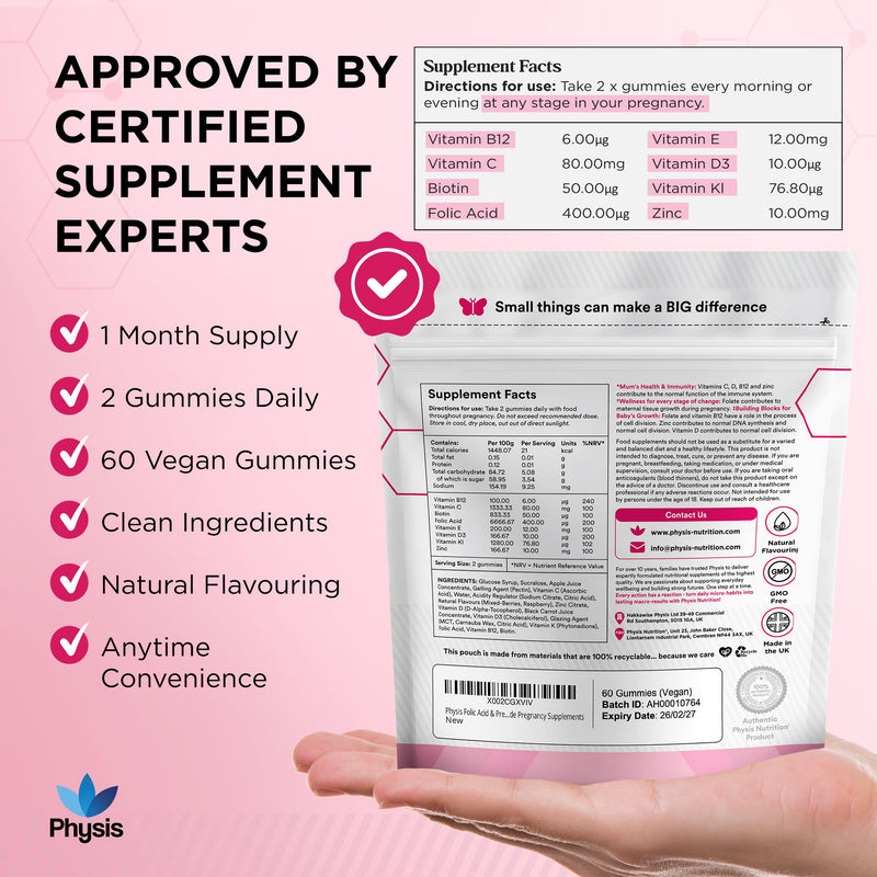 Physis Folic Acid Pregnancy Vitamins | Vegan Prenatal Vitamins for Women | Pregnancy Gummies with Folic Acid and B12 | Folate Vitamin Bs C D E K & Zinc | 60 Berry Soft Chews | Pregnancy Supplements