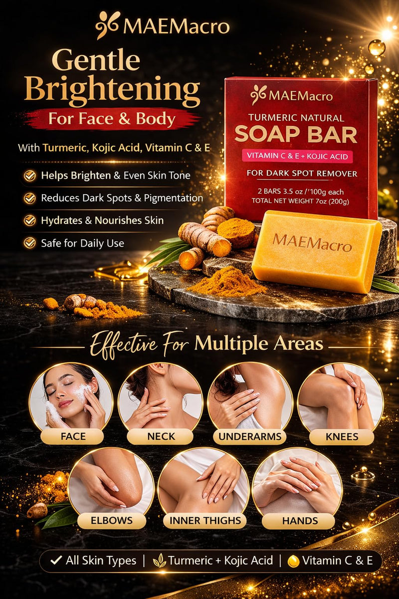 MAEMacro Turmeric & Kojic Acid soap bar with Vitamin C, Retinol, Collagen, Hyaluronic Acid, and Vitamin E | Reduce Dark Spots | Fine Lines, and Improve Skin Tone (2 Soap Bars)
