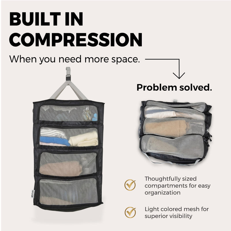 Hanging Suitcase Organizer – Instant Travel Closet with Built-In Compression | 4-Compartment Wardrobe Packing Cubes for Carry-On & Checked Luggage | Travel Essentials for Men & Women