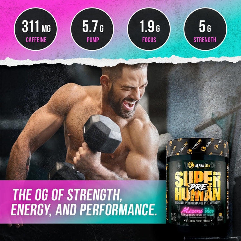 [Australia] - ALPHA LION Superhuman Pre Workout Powder, Beta Alanine, L-Taurine & Tri-Source Caffeine for Sustained Energy & Focus, Nitric Oxide & Citrulline for Pump (21 Servings, Miami Vice) Miami Vice - Pina Colada Strawberry Daiquiri 