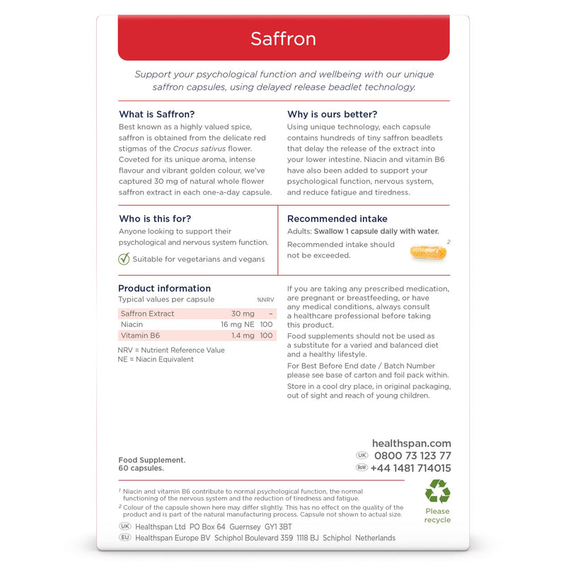 Healthspan 30mg Saffron Mood Support (60 Capsules) | Positive Mood & Emotional Balance | Supports Relaxation | Niacin & Vitamin B6 to Reduce Tiredness & Support Normal Psychological Function | Vegan