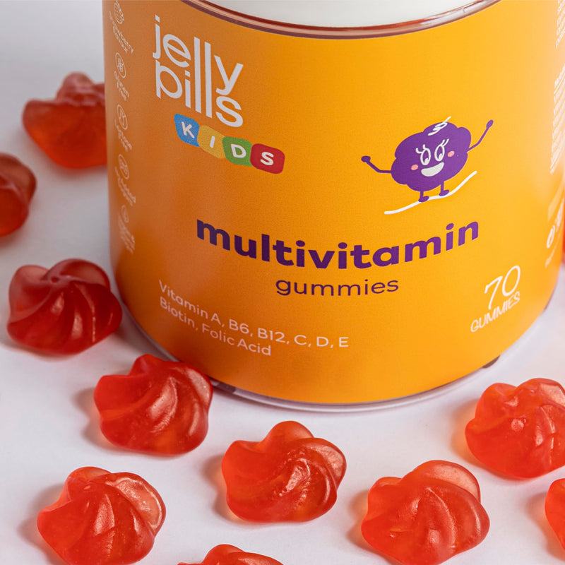 Jelly Pills Kids Multivitamin Gummies + 14 Vitamins & Minerals with Vitamins A, C, D, E, Zinc, Biotin & Folic Acid - 70 Vegan Gummies for 2 Months - No Added Sugar - Strawberry Flavour