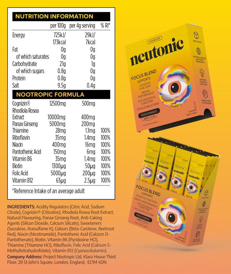 Neutonic Nootropic Focus Blend Powder | Peach Mango 16 Sticks | Caffeine Free, Zero Sugar | Support Energy, Mental Performance, Cognitive Function | Support Focus, Fatigue Reduction, Brain Health Box of 16