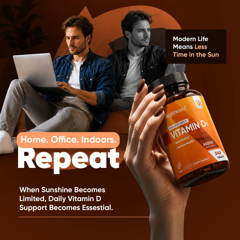 WeightWorld High Potency Vitamin D3 5000 IU (125mcg) - D3 Vitamin for Bone, Teeth, Muscle & Immune Support - 240 Easy-to-Swallow Tablets, 8-Month Supply, Vegan Plant-Based VIT D3, Non-GMO Vitamin D3 5000IU 240 Tablets