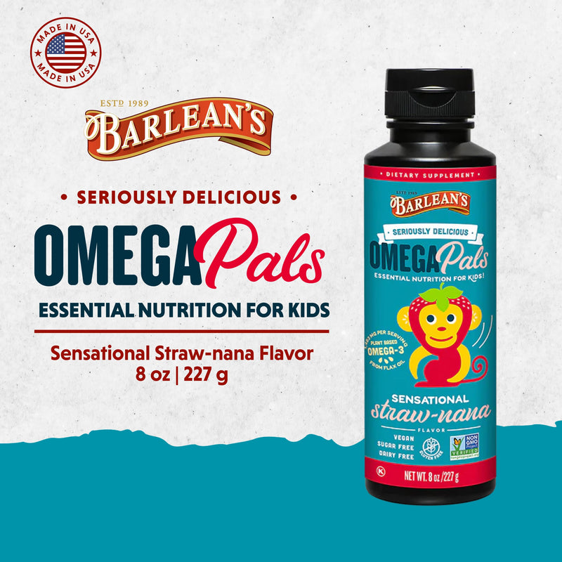 [Australia] - Barlean's Omega Pals Omega 3 for Kids, Yummy Straw-Nana Flavored Children's Liquid Flax Seed Oil Supplement with 1,483 mg ALA, Non-GMO, Vegan Brain and Eye Health, 8 oz Sensational Straw-Nana 8 Ounce (Pack of 1) 