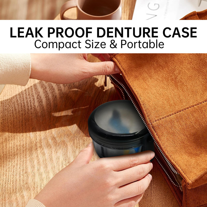 [Australia] - Leak Proof Denture Cups for Soaking Dentures, Partial Denture Bath Case Travel Retainer Cleaning Container Case with Brush for Aligner, Denture, Mouth Guard - Transparent Black 