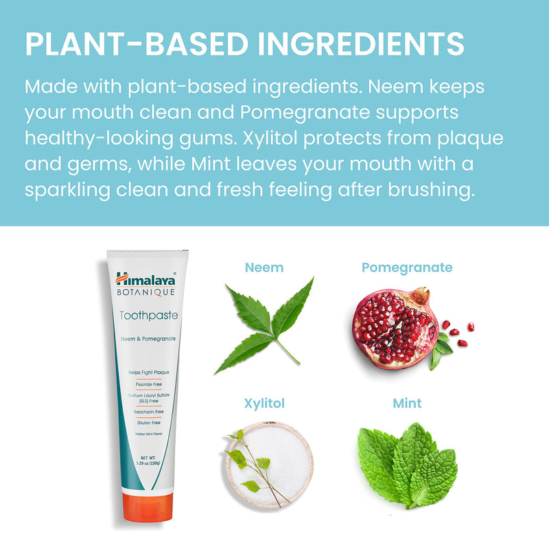 [Australia] - Himalaya Botanique Original Neem & Pomegranate Botanical Toothpaste, Fights Plaque, Brightens Teeth, Fluoride Free, No Artificial Flavors, SLS Free, Cruelty Free, Foaming, Mint Flavor, 5.29 Oz, 4 Pack 5.29 Ounce (Pack of 4) 
