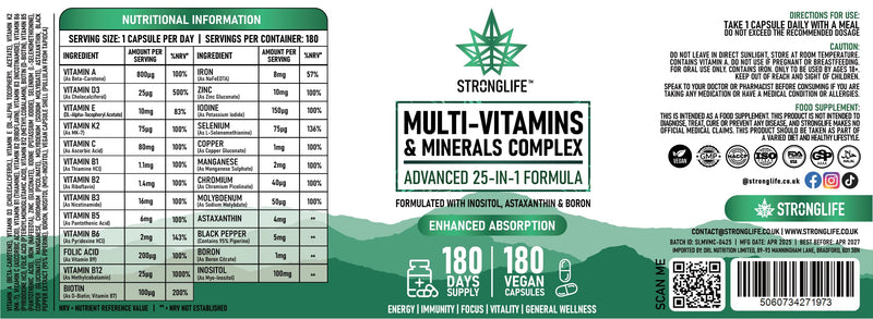 Multivitamin Capsules 25 -in- 1 for Men & Women | 180 Capsules | 180-Day Supply | Full Daily Support with Essential Vitamins, Minerals & Nutrients