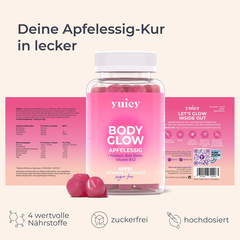 [Australia] - YUICY® Apple Cider Vinegar Gummies - With B12 & Folic Acid for Energy, Digestion & Metabolism - Vegan & Sugar-Free - Delicious Apple Flavor - Apple Cider Vinegar Gummies - 60 Pieces - BODY GLOW 60 Gummies - Single Pack 