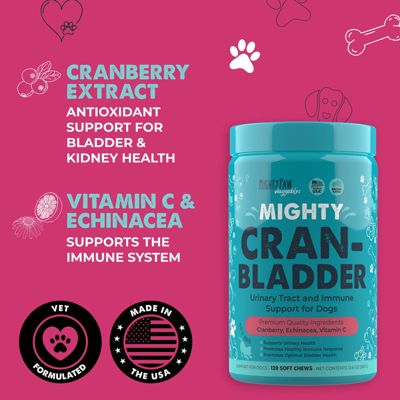 Mighty Paw Waggables Cran-Bladder (Made in The USA) | Cranberry Supplement for Dogs, Cranberry Chews for Urinary Tract Health. Kidney, & Bladder Support. Antioxidant Immune Health (120 Count) - PawsPlanet Australia