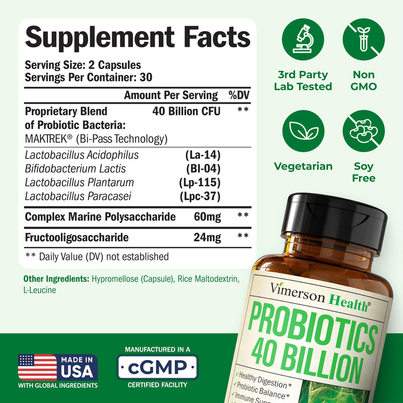 Probiotics for Women & Men, 40 Billion CFU Prebiotics for Gut Health 60 Ct | MAKTREK® Bi-Pass Technology with 4 Probiotic Strains & Prebiotics for Digestive Health & Immune Support - Fridge-Free Formula