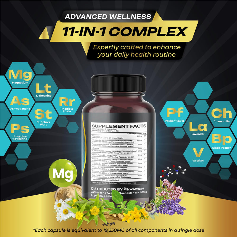 [Australia] - CORTISOL WELLNESS Magnesium Ashwagandha L-Theanine Phosphatidylserine Rhodiola Rosea Passionflower Lavender Chamomile -150 Capsules- Made in USA 150 count (pack of 1) 