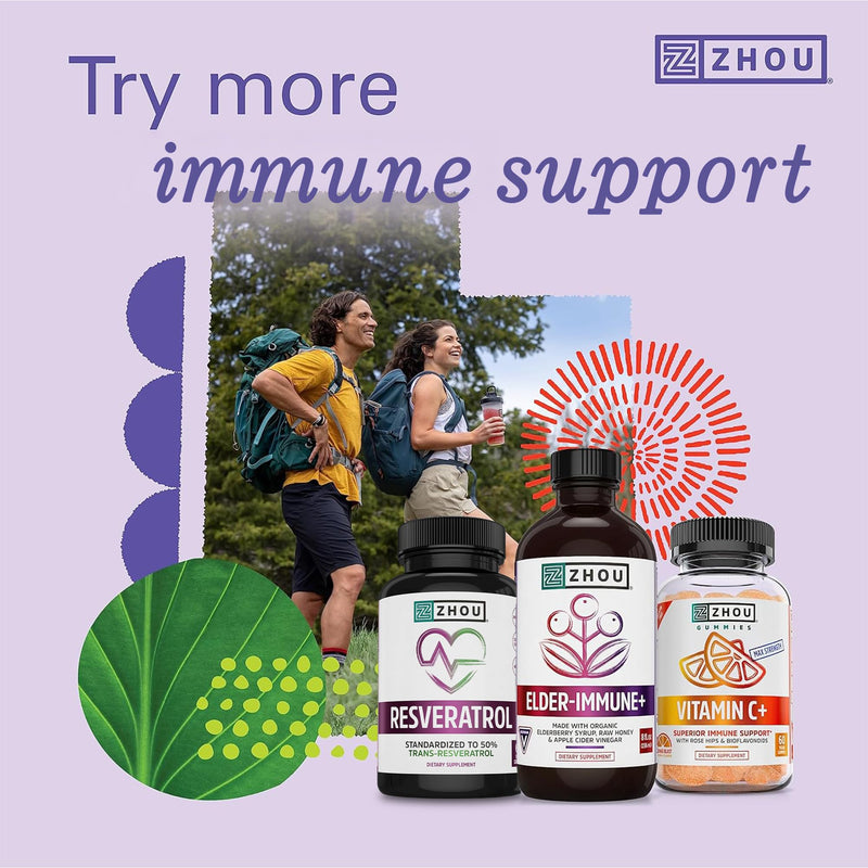 [Australia] - Zhou Elder-Mune Elderberry Gummies - Elderberry Vitamin C and Zinc, Daily Immune Support Supplemenet for Women & Men, Chewable Natural Black Elderberry for Adults & Children 4 & Up - 60 Gummies 60 Count (Pack of 1) 