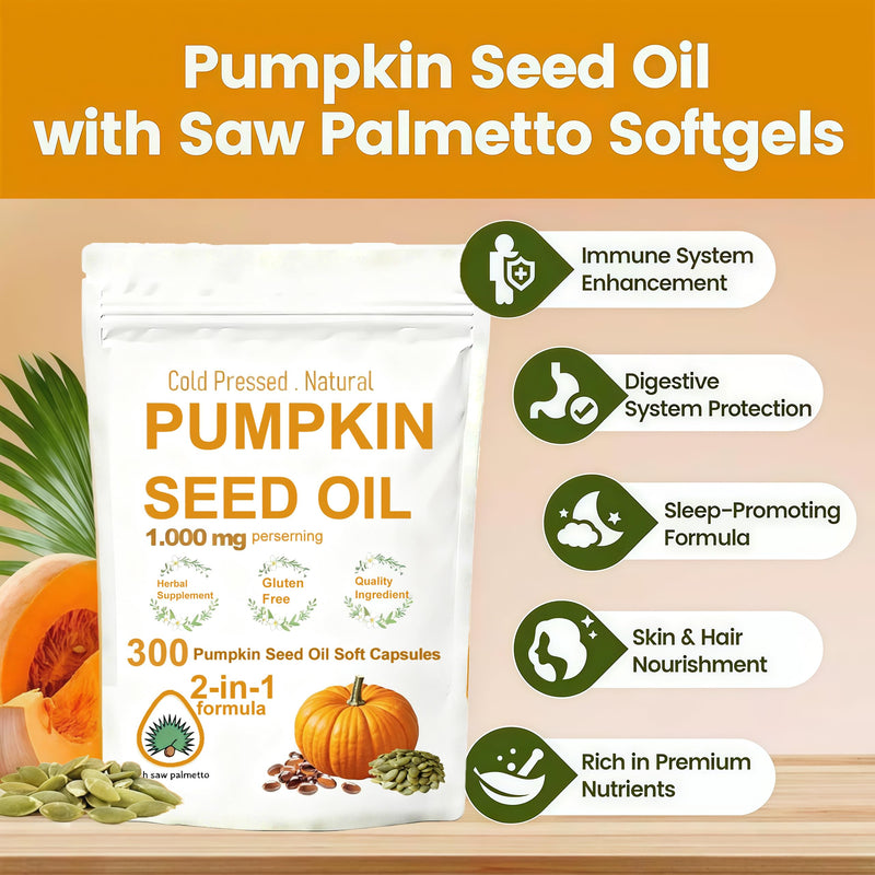 300 Pumpkin Seed Oil Soft Capsules - Cold Pressed Lock Nutrition, 2-in-1 Formula Contains Unsaturated Fatty Acids, Added Pumpkin Seed Extract, Beneficial for Health, Non GMO, Gluten Free.