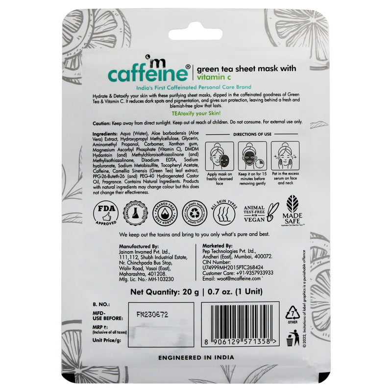 mCaffeine Green Tea Sheet Mask with Vitamin C for Unisex - 0.7 oz Mask