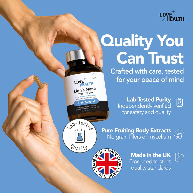 Brain Support Lions Mane Supplement 90Pcs 10,500mg Lions Mane Mushroom Capsules - Brain Health Memory and Focus Supplement with Ginkgo Biloba, L-Theanine, Omega-3, Yarrow & Vitamin B12 Brain Focus - 10,500mg