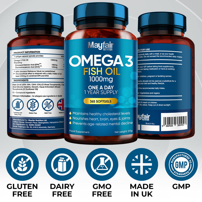 Omega 3 1000mg Capsules - 365 Fish Oil Tablets with EPA & DHA - One a Day - Supports Heart, Vision, & Brain Health - 1 Year Supply - Made in UK