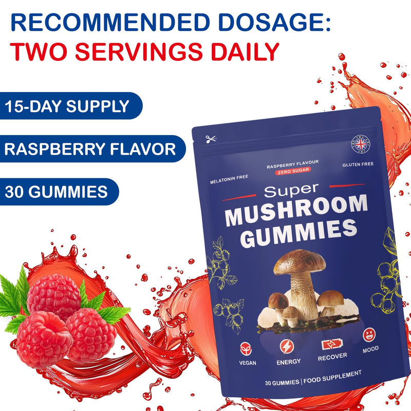 Super Mushroom Gummies with Lion's Mane Supplement, Energy, Focus, Raspberry Flavour (30 Gummies) 30-Gummies