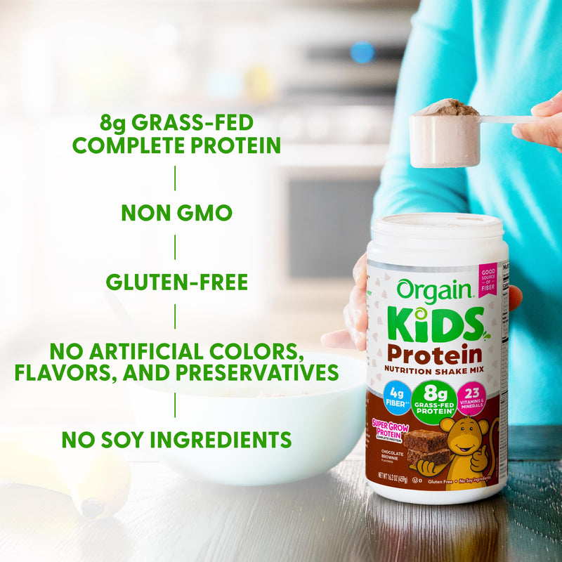 Orgain Kids 8g Grass-Fed Dairy Protein Powder, Chocolate Brownie, 1lb | Powder shake mix, 4g fiber, 23 vitamins & minerals, gluten free, no soy, adds nutritents to snacks, for shakes & smoothies 1.01 Pound (Pack of 1)