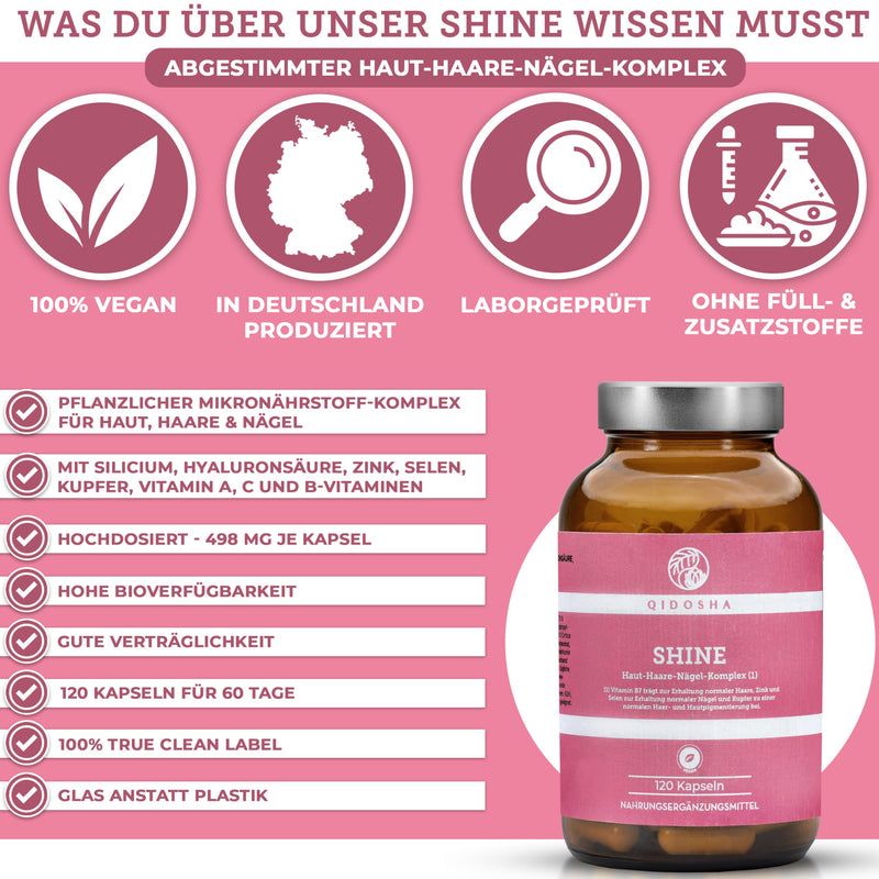 [Australia] - QIDOSHA® SHINE skin, hair & nails complex, 120 capsules in a pharmacy jar, silicon complex with silicon, hyaluronic acid, zinc, selenium, copper & vitamins, German production, skin hair nails capsules 