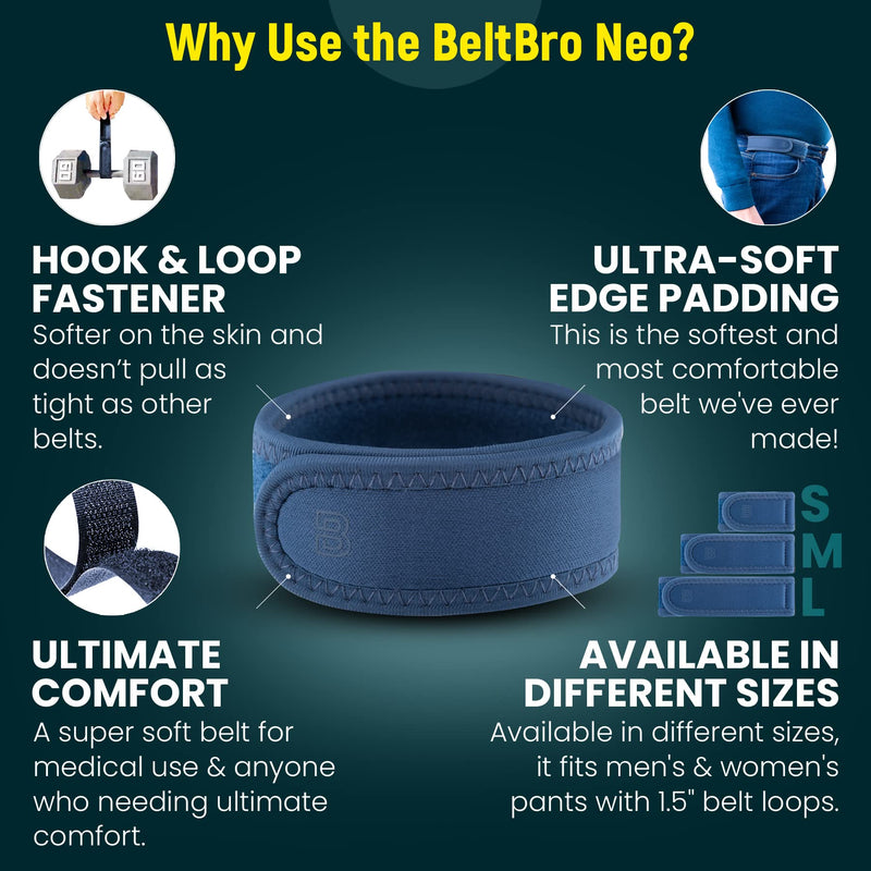 [Australia] - BeltBro Neo Buckle-Free Elastic Belt - Ultra-Soft Padding For Ostomy Bag, Back Pain & Wheelchair - Fits 1.5 Inch Belt Loops Denim 