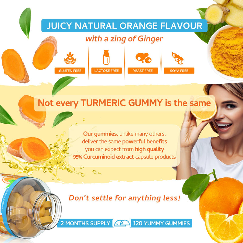 Turmeric Curcumin Gummies with Ginger - 120 Natural Orange Flavour Juicy Yummy Gummies – with a Huge 95% curcuminoids, Vegan & Gelatin Free – 2 Month Supply for Men, Women & Children – Made in the UK 120 Gummies
