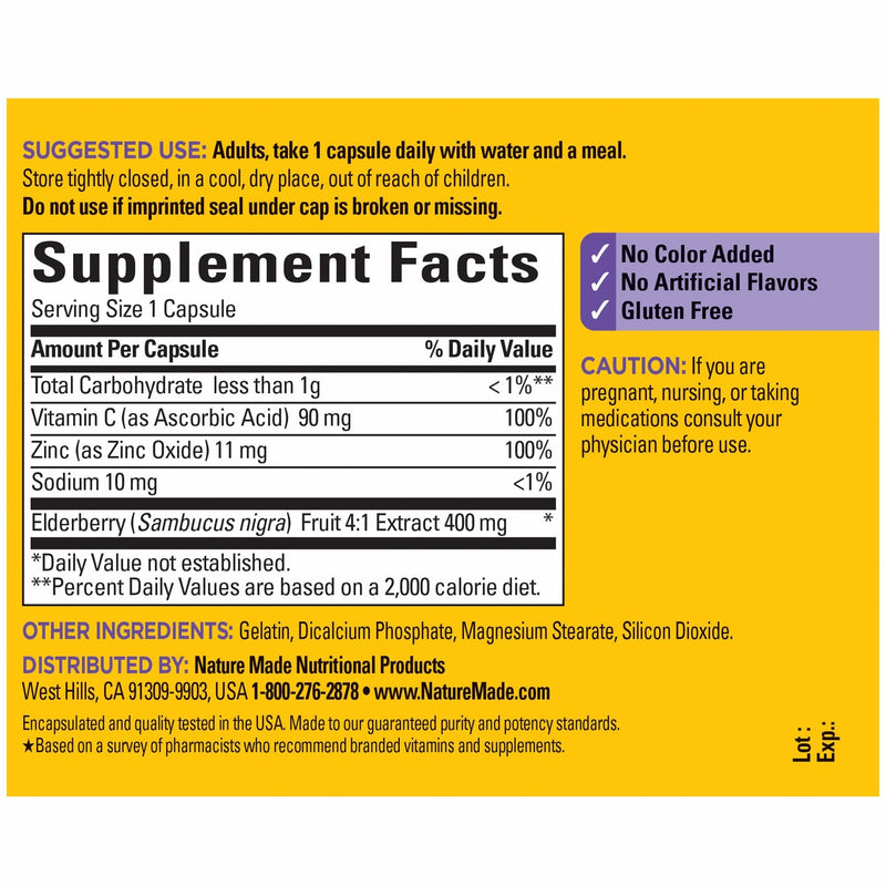 [Australia] - Nature Made Elderberry 400 mg Extract with Vitamin C and Zinc, Dietary Supplement for Immune Support, 60 Capsules, 60 Day Supply 