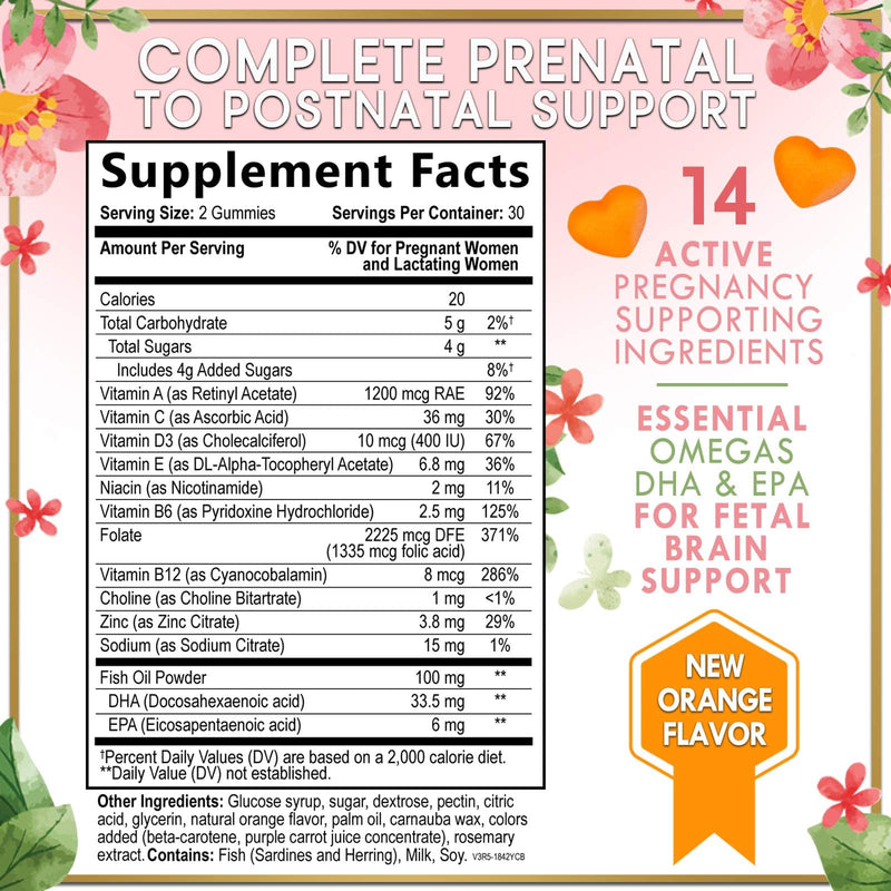 Prenatal Vitamins for Women – Complete Pregnancy Multivitamin - Folic Acid, Omega 3 DHA, Choline, Vitamin D – Essential Support for Mom's & Baby Brain Development - Tasty Orange Flavor - 60 Gummies 60 Count (Pack of 1)