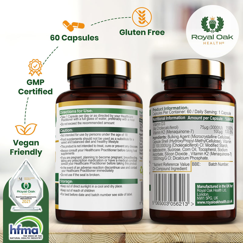 Vitamin D3 K2 High Strength MK7 Supplement (Vitamin D 3000 IU + 100mcg Vitamin K2 (MK7), Easy to Swallow Vitamin D3 and K2 Vitamin Capsules… (60 Capsules)