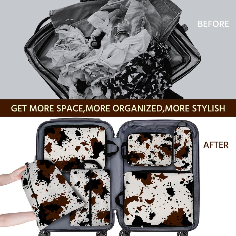 6 Pcs Compression Packing Cubes Waterproof Suitcase Travel Bag Luggage Backpack Organizer Travel Cubes for Packing-Cow Print Black-Cow Print