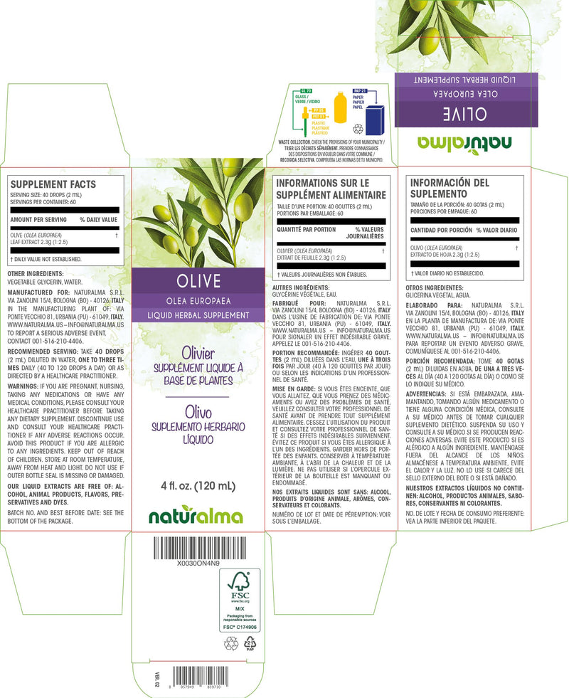 [Australia] - Naturalma Olive (Olea europaea) leaf Alcohol-free Tincture - 4 fl oz Liquid extract in drops - Herbal supplement - Vegan 4 Fl Oz (Pack of 1) 