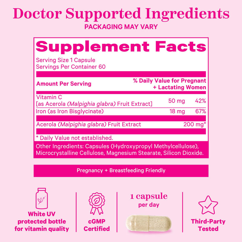 [Australia] - Pink Stork Prenatal Iron Supplement for Women - 18 mg Non-Constipating Iron & Vitamin C for Pregnancy, Postpartum, & Breastfeeding - Focus, Fatigue, & Blood Cell Production - 2 Month Supply 