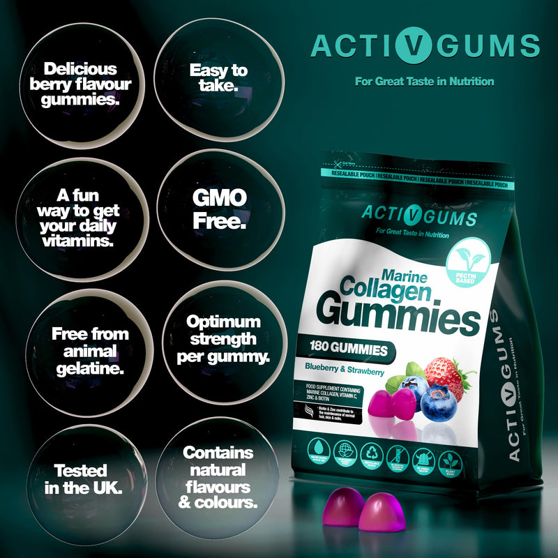 Marine Collagen Complex 180 Gummies | Strawberry & Blueberry Flavour | Contains Marine Collagen, Vitamin C, Zinc & Biotin | Resealable & Recyclable Pouch | Suitable for Age 5+ by ActivGums®