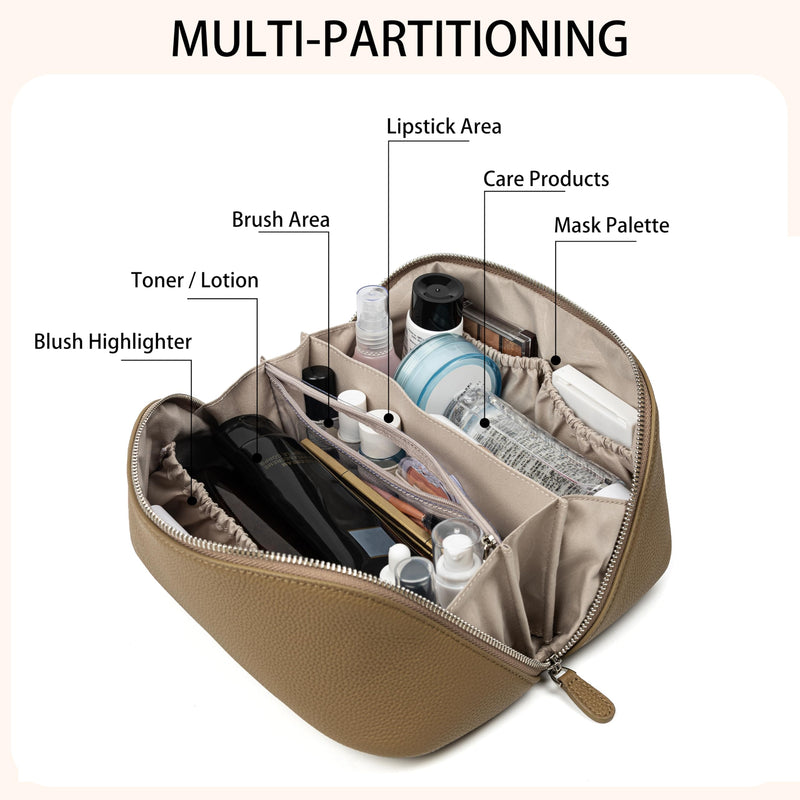 DORIS&JACKY Premium Leather Cosmetic Bag, Large Capacity Travel Makeup Case and Multi PocketsToiletry Storage Organizer with Divider and Tote Handle (3-Light Grey) 3-Light Grey