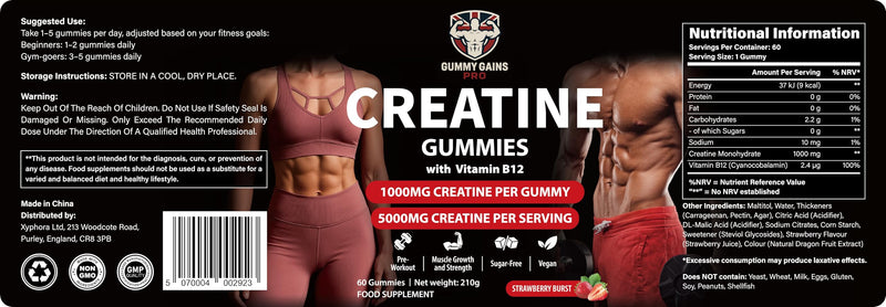 Creatine Gummies – 5000mg Creatine Monohydrate per Serving (1000mg per Gummy) – Vegan, Sugar Free – Gym & Training Support – for Men & Women – 60 Count (Strawberry) Strawberry
