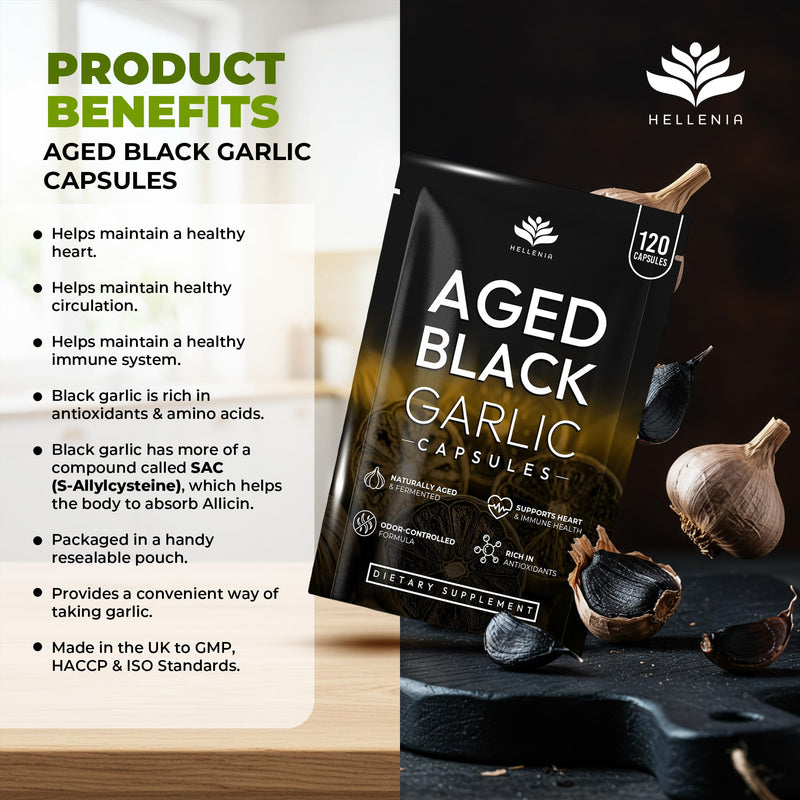 Aged Black Garlic 12,000mg - 120 Capsules | Black Garlic Bulb Extract 100:1 | Aged for Over 6 Months | Antioxidant and Cholesterol Support | Gluten Free - Made in the UK by Hellenia