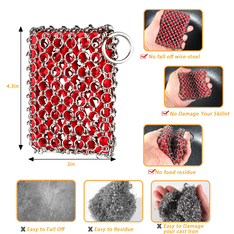 [Australia] - Cast Iron Scrubber, Skillet Chainmail Scrubber for Cast Iron Pan - Chain Mail Scrubber Cast Iron Sponge - Metal Scrubber Cast Iron Skillet Cleaner, Wok, frying pans, Dutch Oven Cleaning Scrubber 