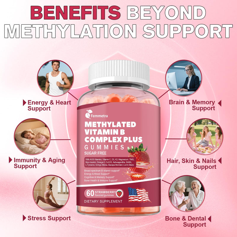 Methylation Support Gummies Sugar Free - Folate 5-MTHF, B12, TMG, B2 & B6 | All B Vitamins B1 B2 B3 B5 B6 B7 B9 B12 + C D3 K2 Magnesium Omega3 CoQ10 L Theanine and more for Women Men, Strawberry 60 Ct 60 Count (Pack of 2)