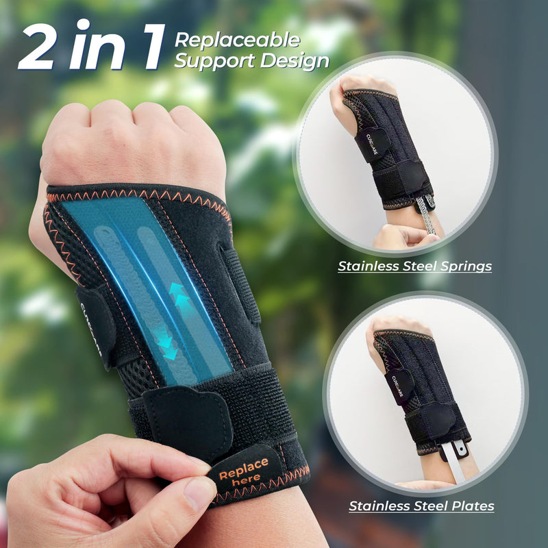 [Australia] - CURECARE Carpal Tunnel Wrist Support 2 in 1, Wrist Bandages with 3 Metal Stabilizers, Wrist Splint for Relief from Carpal Tunnel Syndrome, Tendonitis (S/M, Right) S/M Right-Black 