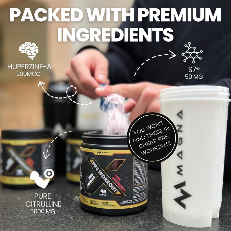 Premium, Complete High Caffeine Pre Workout Powder Drink with L-Citrulline & S7® | Tropical Crush Flavour | Makes 40 Drinks (400g) | Magna X 40 Servings (Pack of 1)
