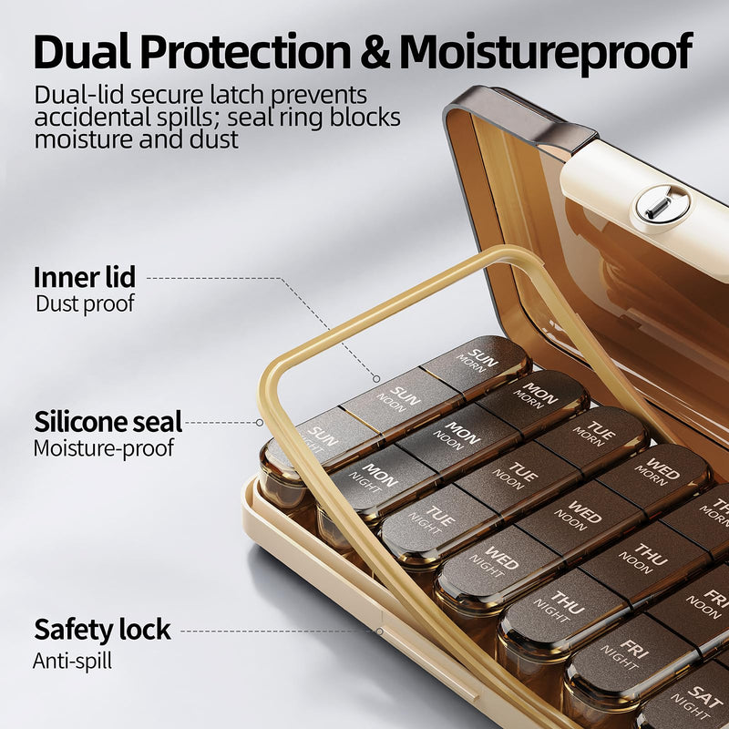 Weekly Pill Organizer 3X a Day, Detachable 7 Day Pill Box 3 Times a Day with Moisture-Proof Design, Portable Light-Proof Daily Pill Case for Pills,Vitamin,Fish Oil and Supplements(Brown) Brown