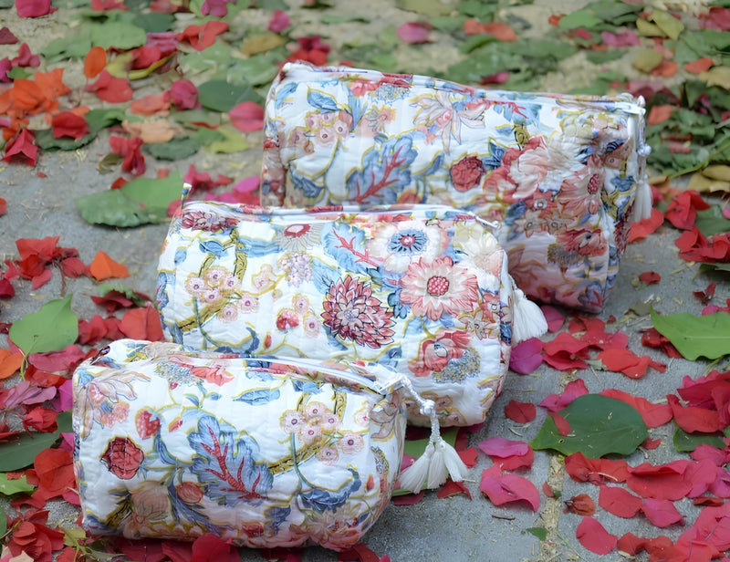 INDACORIFY Indian Cotton Floral Print Toiletry Bag Set of 3 Pieces Quilted Travel Shaving Kit Make up Pouch