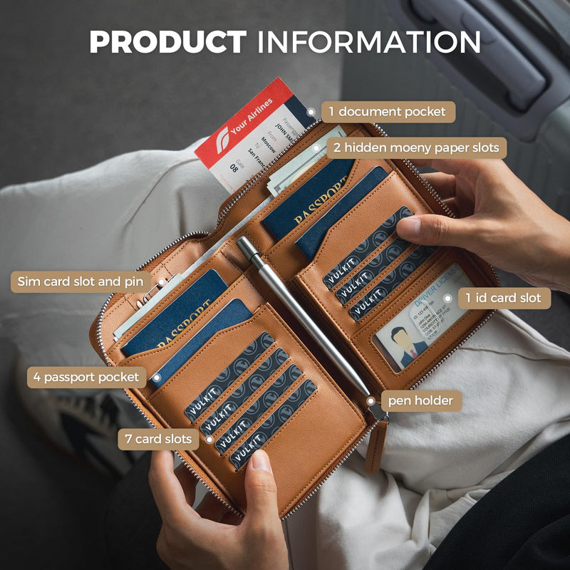 VULKIT Leather Passport Holder for 4-8 Passports Family RFID Blocking Passport Wallet with Zipper Travel Documents Organizer for Men or Women (Brown) Brown