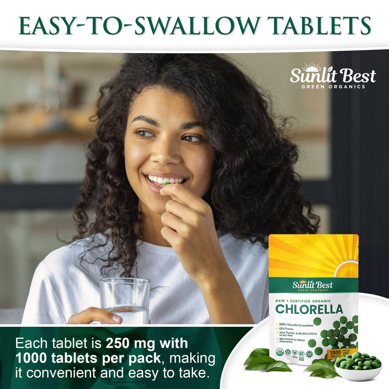 Sunlit Best USDA Organic Premium Chlorella Tablets 1000 Count | 100% Pure Chlorella Superfood Supplement High in Protein, Chlorophyll, Vitamins, & Minerals | Supports Good Health, Wellbeing | USDA Certified, Cracked Cell Wall Absorption, 60% Vegan Prot...