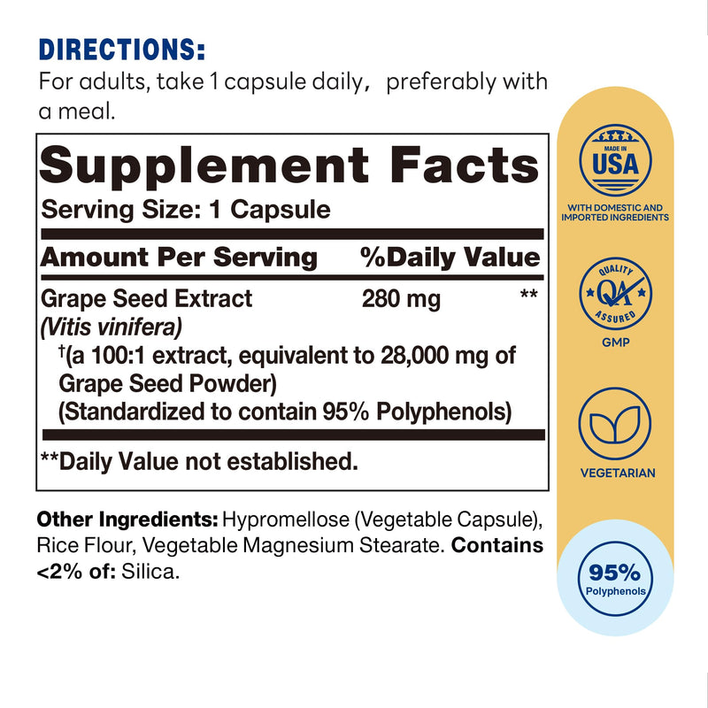 Vitamin World Grape Seed Extract, 95% Polyphenols, Vegetarian, 100 Servings | Supports Heart Health & Antioxidant Protection, Gluten-Free, 100 Rapid Release Capsules