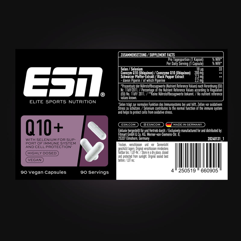 [Australia] - ESN Q10 Pro + selenium, 90 capsules, high dosage, support for performance and regeneration, 200 mg coenzyme Q10 + 18 µg selenium per capsule, tested quality, vegan & made in Germany 