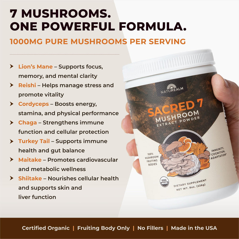 [Australia] - Sacred 7 Mushroom Coffee Booster | Organic Mushroom Supplement Powder ‚Äì Lions Mane, Reishi, Chaga & More | Adaptogen + Nootropic | 100% Fruiting Bodies | Mix with Coffee,Tea, Smoothies - 226 Servings Sacred 7 8 Ounce (Pack of 1) 